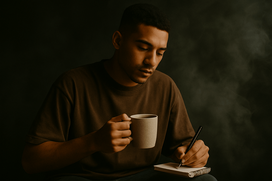 Jonge man in oversized T-shirt reflecteert in een donkere, filmische ruimte met koffie en notitieboek in de hand. Dit is in de stijl van 1cultuur of 1 cultuur
