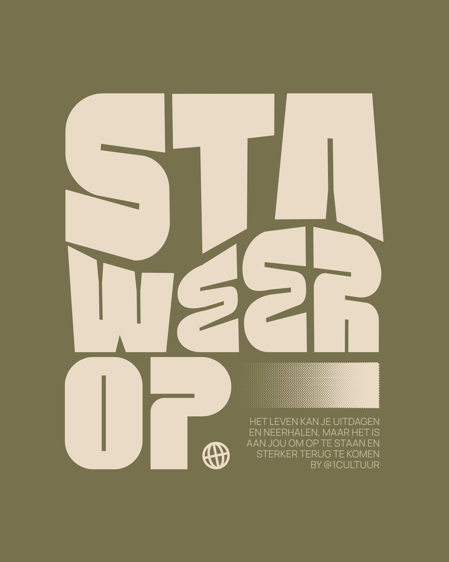 afbeelding van de Design die op de achterzijde van de groene motivatie tshirt 'sta weer op' staat