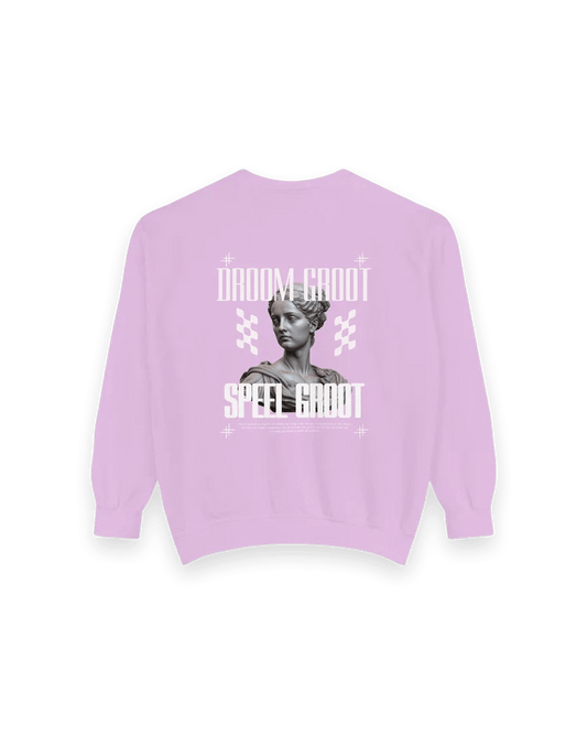 Achterkant van paarsroze 1cultuur sweater met artistieke print en motivatie quote – exclusieve streetwear met boodschap